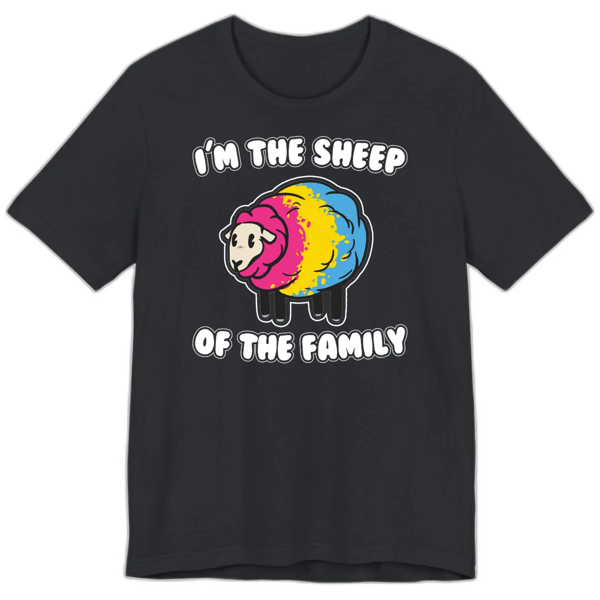 Colorful cartoon sheep with rainbow wool and text 'I'm the sheep of the family' - humorous family joke design in Vintage Black