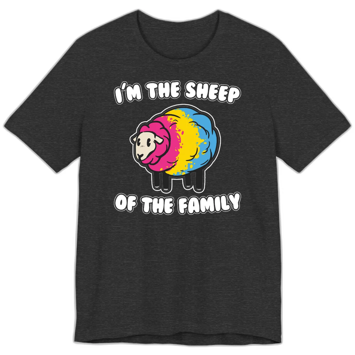 Colorful cartoon sheep with rainbow wool and text 'I'm the sheep of the family' - humorous family joke design in Dark Grey Heather