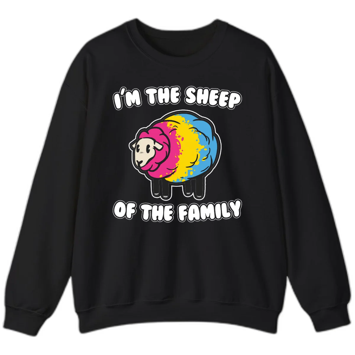 Colorful cartoon sheep with rainbow wool and text 'I'm the sheep of the family' - humorous family joke design in Black