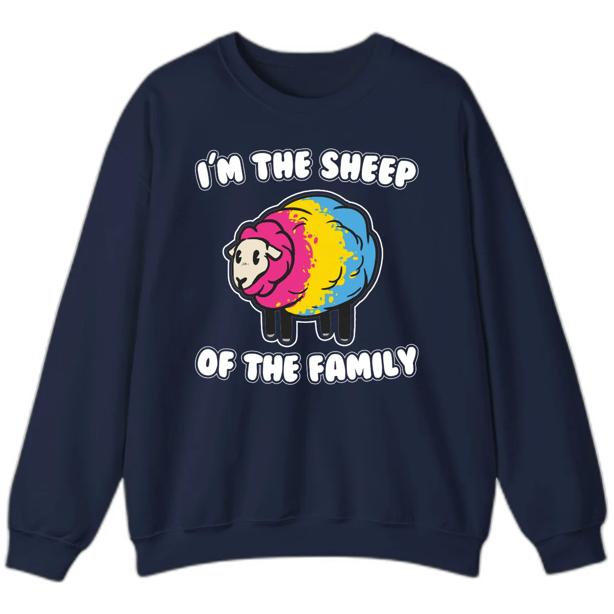 Colorful cartoon sheep with rainbow wool and text 'I'm the sheep of the family' - humorous family joke design in Navy