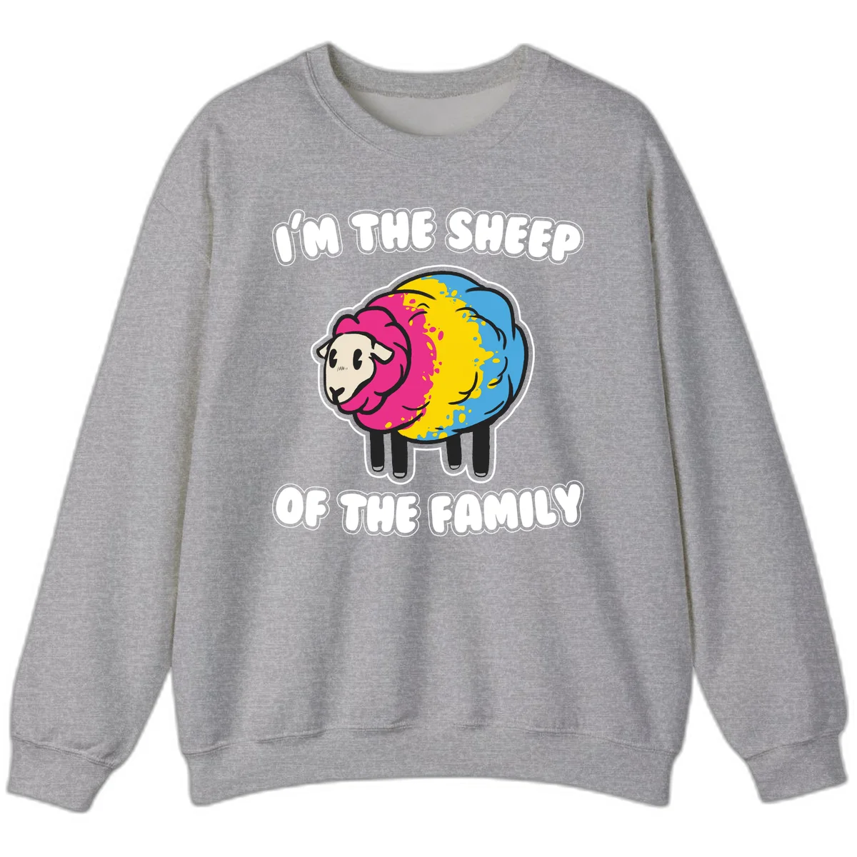 Colorful cartoon sheep with rainbow wool and text 'I'm the sheep of the family' - humorous family joke design in Sport Grey
