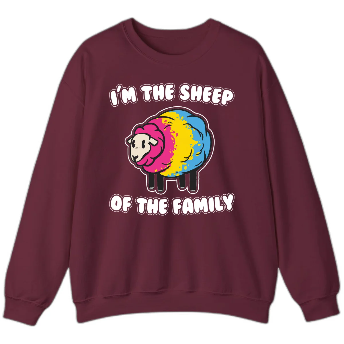 Colorful cartoon sheep with rainbow wool and text 'I'm the sheep of the family' - humorous family joke design in Maroon
