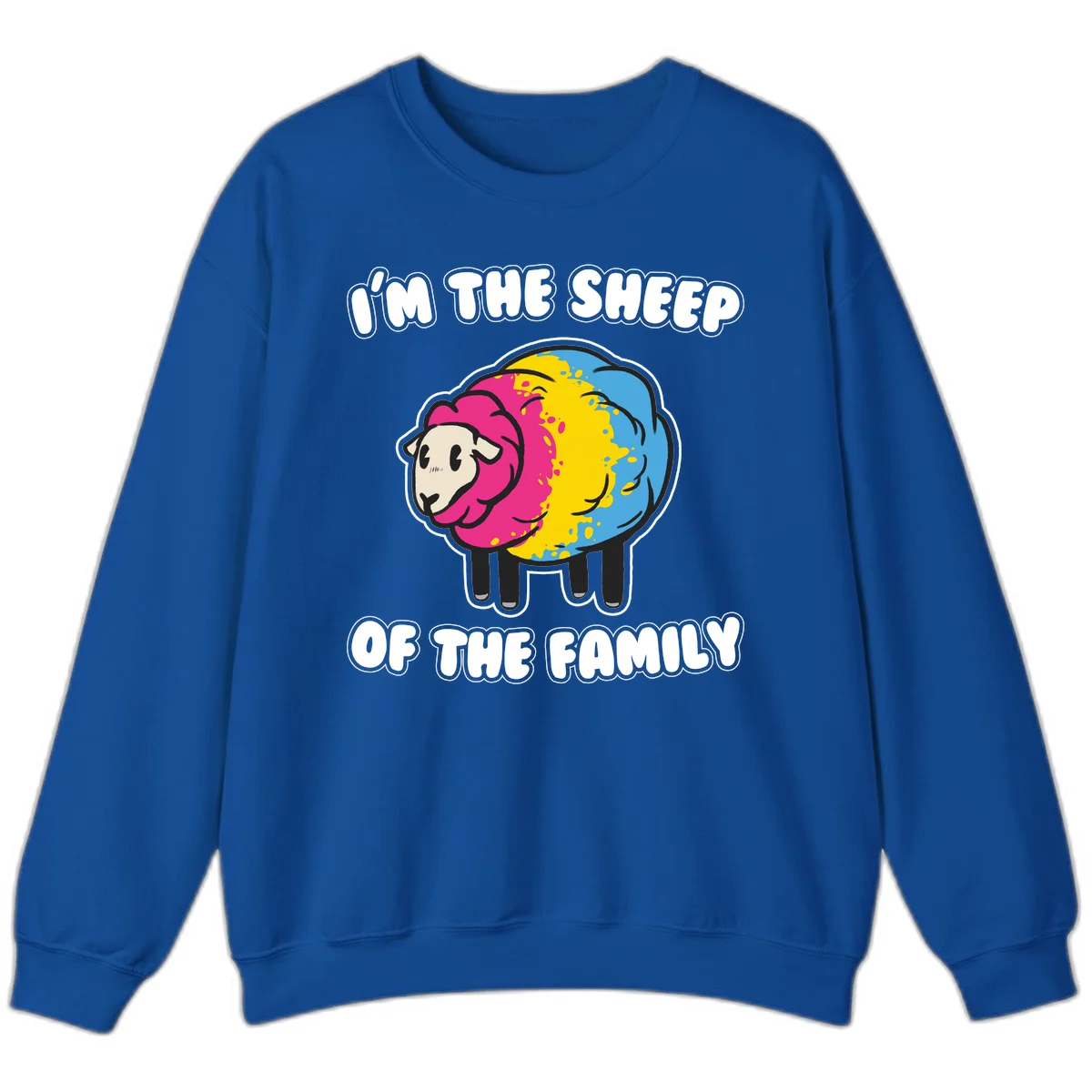 Colorful cartoon sheep with rainbow wool and text 'I'm the sheep of the family' - humorous family joke design in Royal