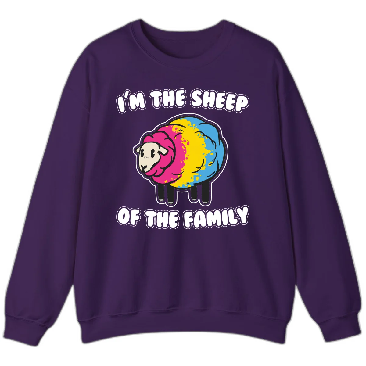 Colorful cartoon sheep with rainbow wool and text 'I'm the sheep of the family' - humorous family joke design in Purple