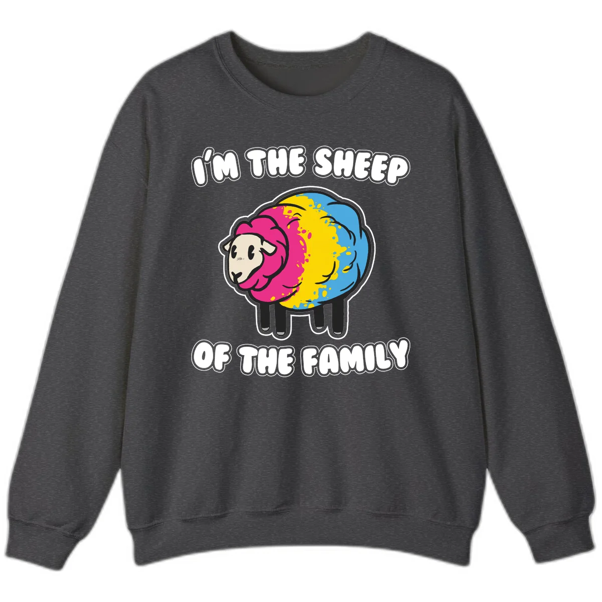 Colorful cartoon sheep with rainbow wool and text 'I'm the sheep of the family' - humorous family joke design in Dark Heather