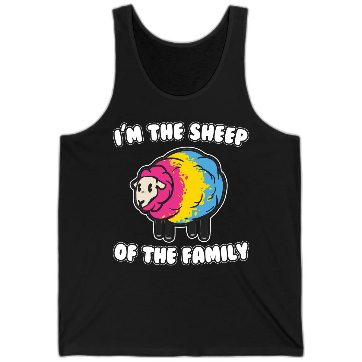 Colorful cartoon sheep with rainbow wool and text 'I'm the sheep of the family' - humorous family joke design in Black