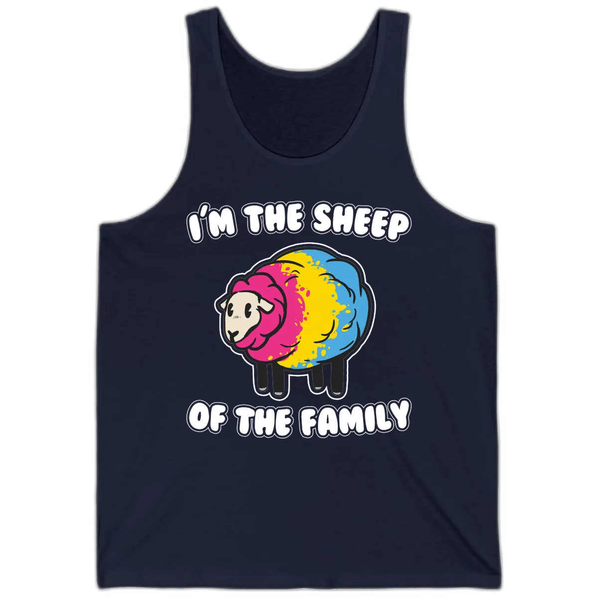 Colorful cartoon sheep with rainbow wool and text 'I'm the sheep of the family' - humorous family joke design in Navy