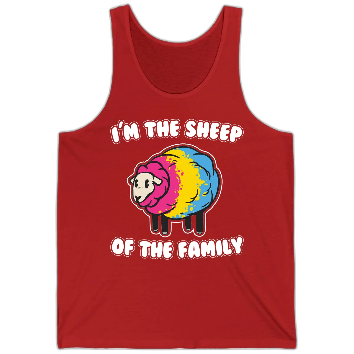 Colorful cartoon sheep with rainbow wool and text 'I'm the sheep of the family' - humorous family joke design in Red