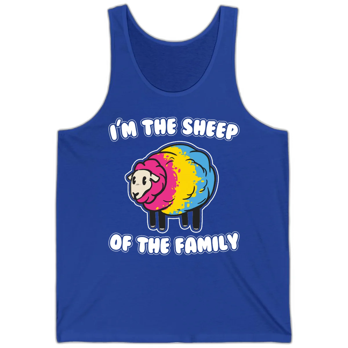 Colorful cartoon sheep with rainbow wool and text 'I'm the sheep of the family' - humorous family joke design in True Royal