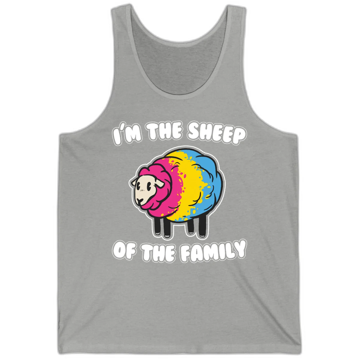Colorful cartoon sheep with rainbow wool and text 'I'm the sheep of the family' - humorous family joke design in Athletic Heather