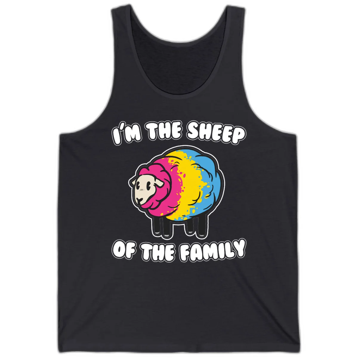 Colorful cartoon sheep with rainbow wool and text 'I'm the sheep of the family' - humorous family joke design in Dark Grey
