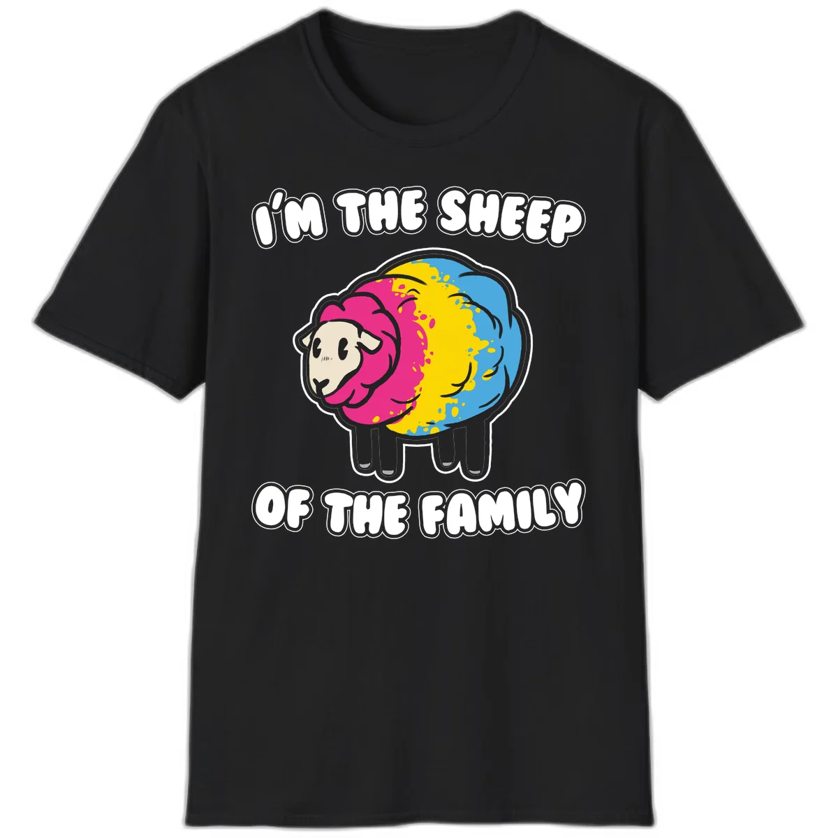 Colorful cartoon sheep with rainbow wool and text 'I'm the sheep of the family' - humorous family joke design in Black