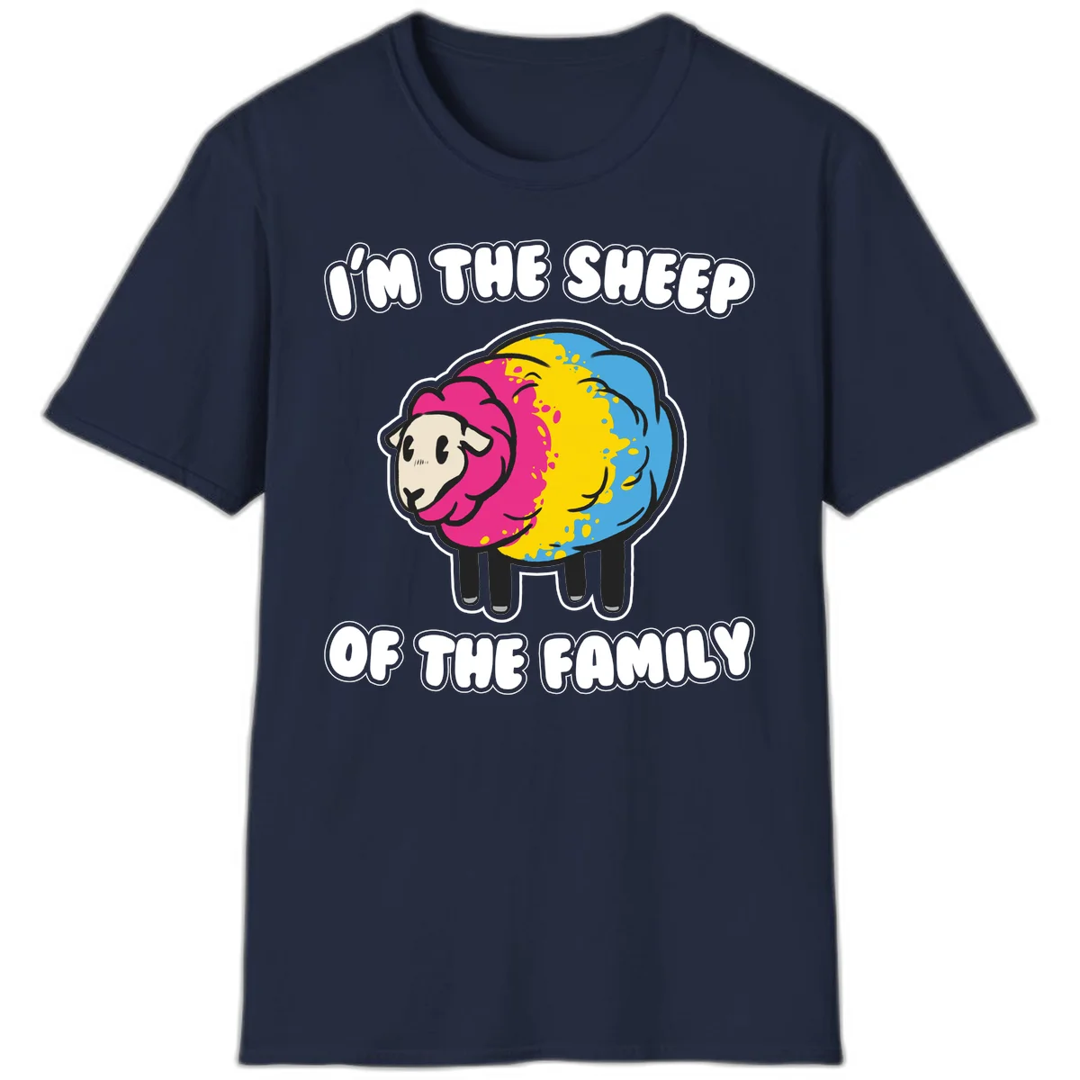 Colorful cartoon sheep with rainbow wool and text 'I'm the sheep of the family' - humorous family joke design in Navy