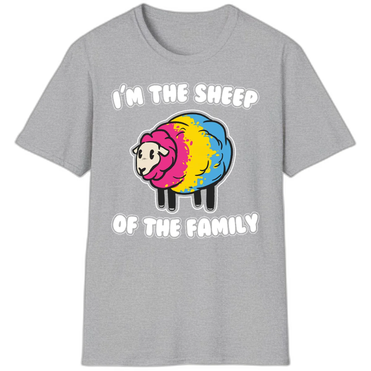 Colorful cartoon sheep with rainbow wool and text 'I'm the sheep of the family' - humorous family joke design in Sport Grey