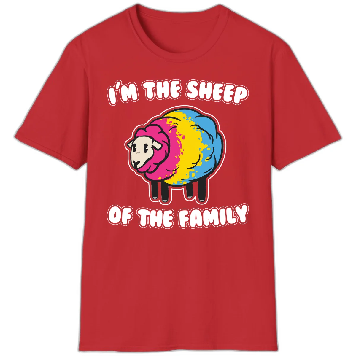Colorful cartoon sheep with rainbow wool and text 'I'm the sheep of the family' - humorous family joke design in Red