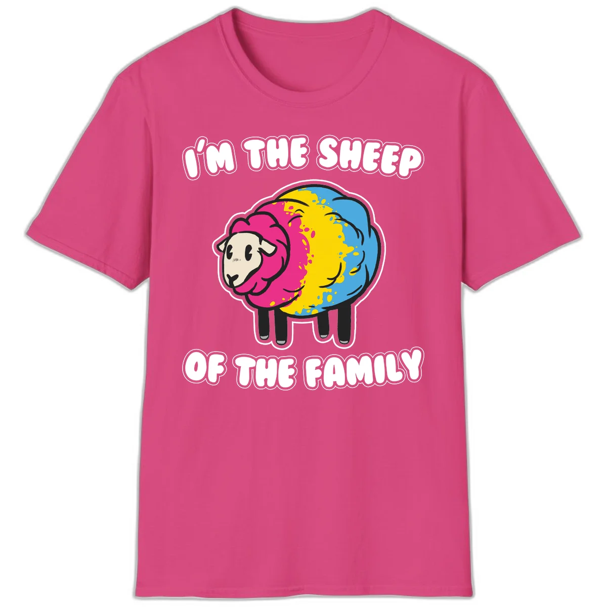 Colorful cartoon sheep with rainbow wool and text 'I'm the sheep of the family' - humorous family joke design in Heliconia