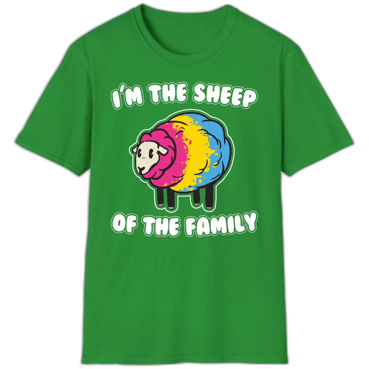 Colorful cartoon sheep with rainbow wool and text 'I'm the sheep of the family' - humorous family joke design in Irish Green