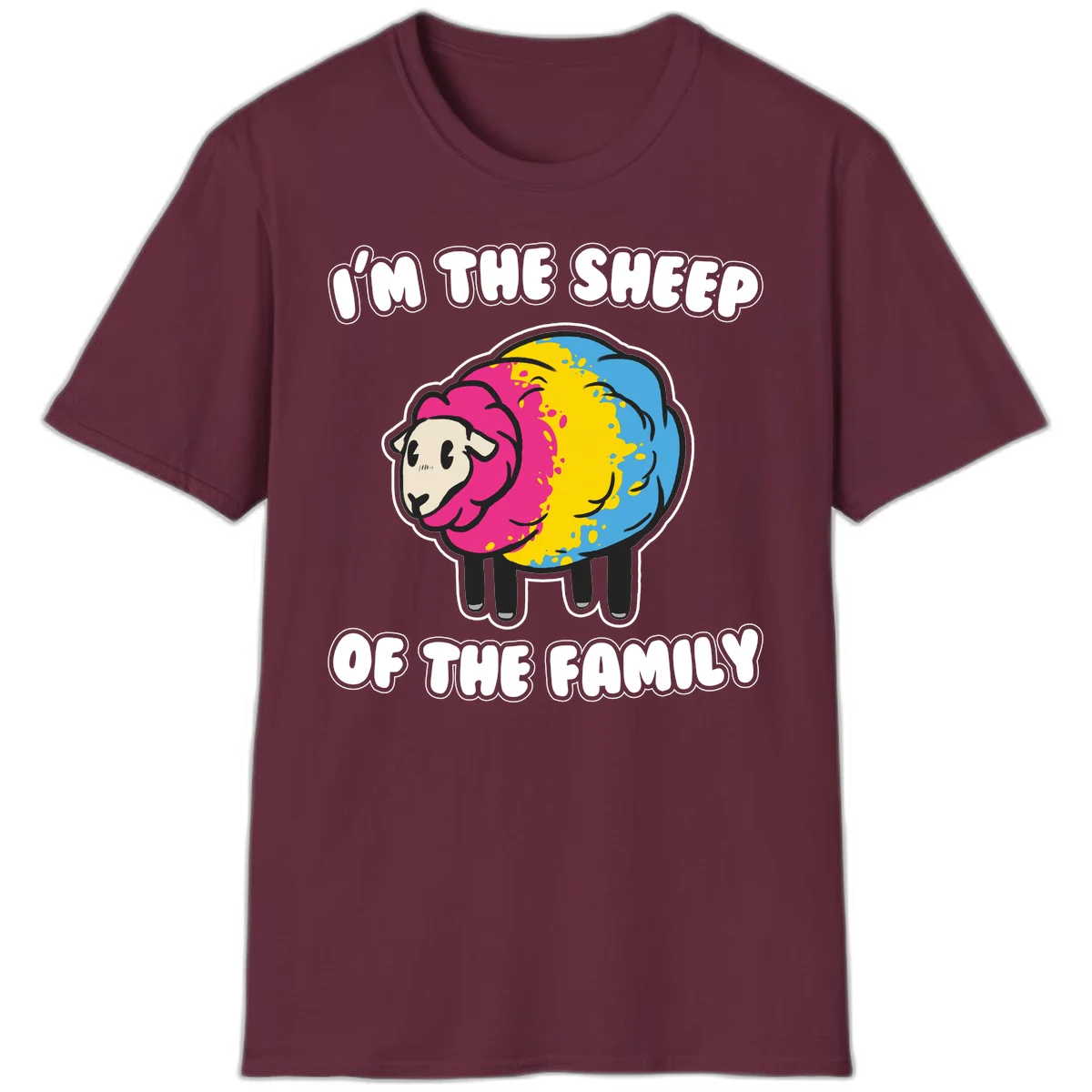 Colorful cartoon sheep with rainbow wool and text 'I'm the sheep of the family' - humorous family joke design in Maroon
