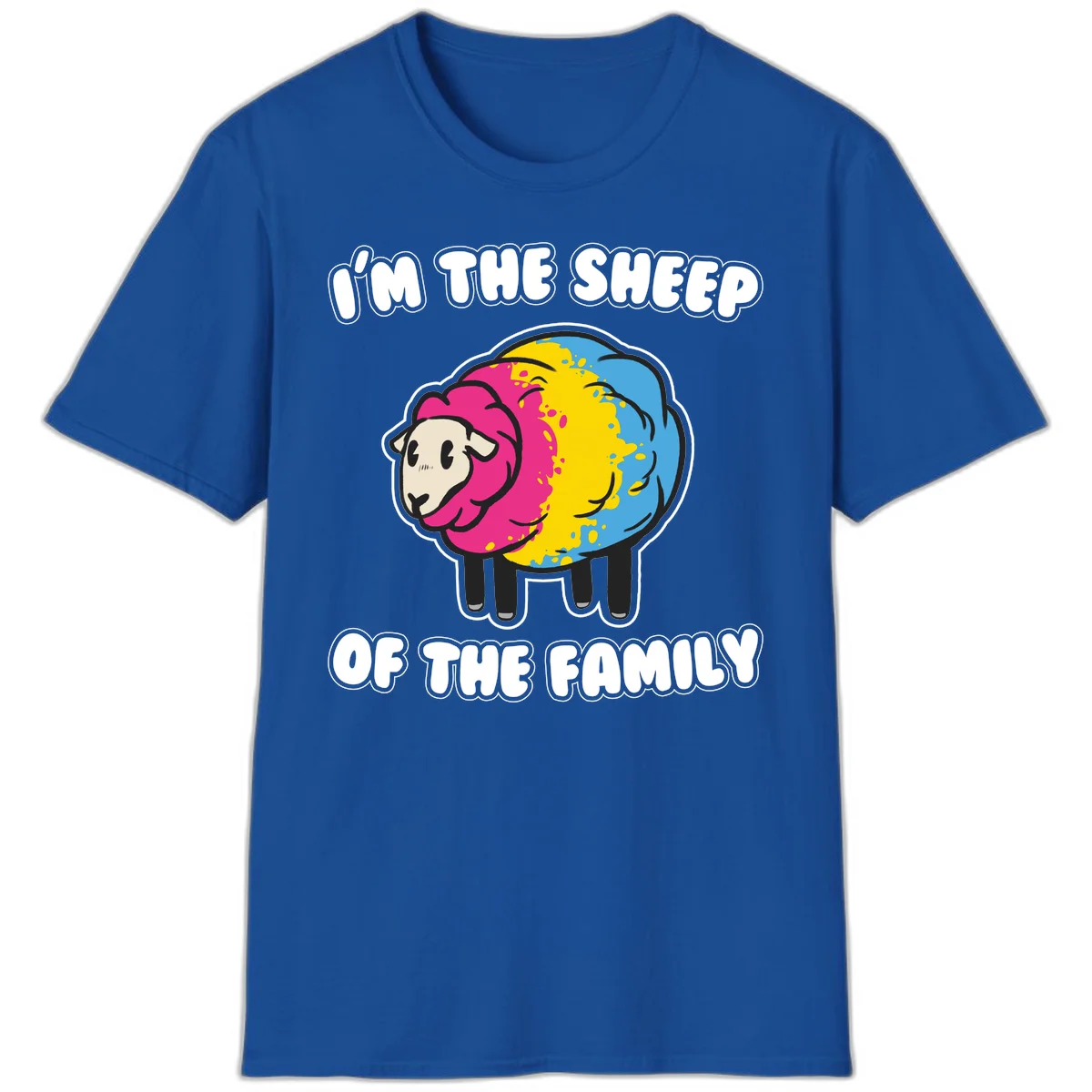 Colorful cartoon sheep with rainbow wool and text 'I'm the sheep of the family' - humorous family joke design in Royal
