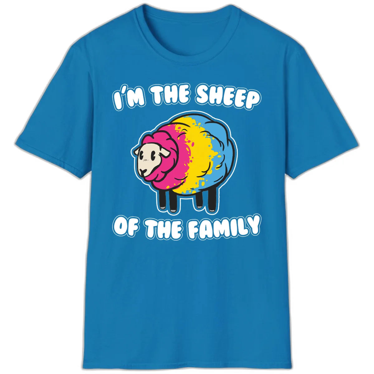 Colorful cartoon sheep with rainbow wool and text 'I'm the sheep of the family' - humorous family joke design in Sapphire