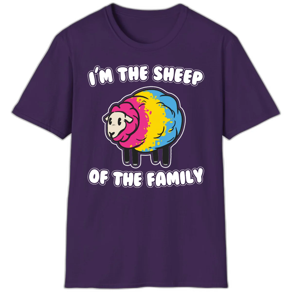 Colorful cartoon sheep with rainbow wool and text 'I'm the sheep of the family' - humorous family joke design in Purple