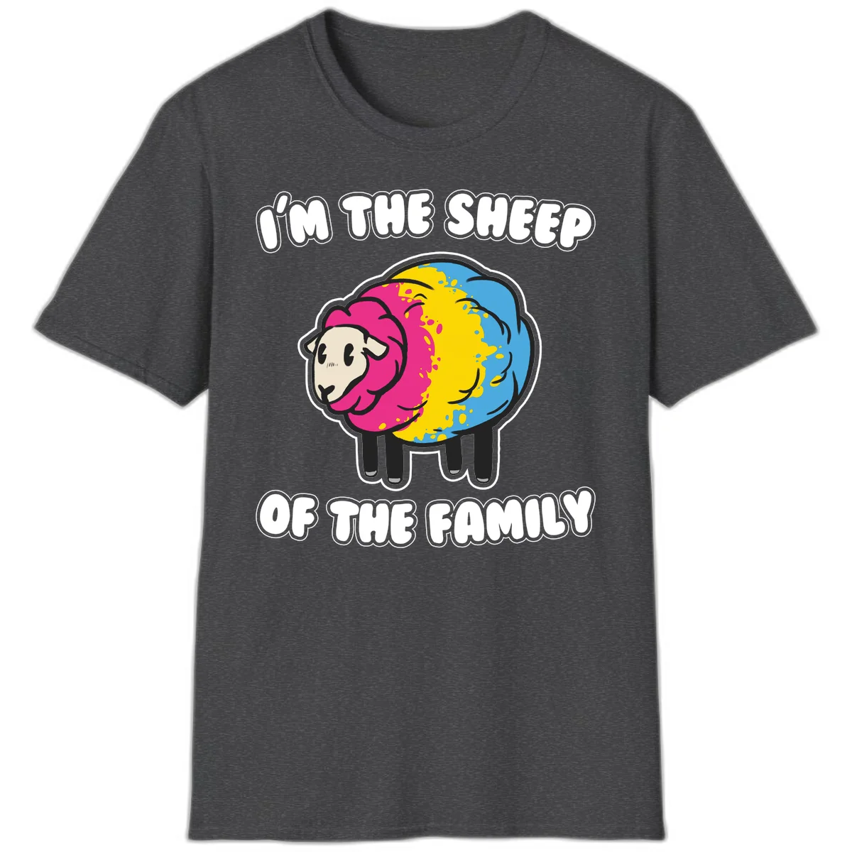 Colorful cartoon sheep with rainbow wool and text 'I'm the sheep of the family' - humorous family joke design in Dark Heather
