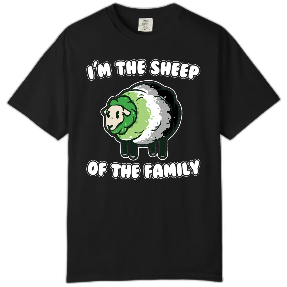 Cartoon sheep with fluffy multi-colored wool and cute face, with text reading 'I'm the sheep of the family' in Black