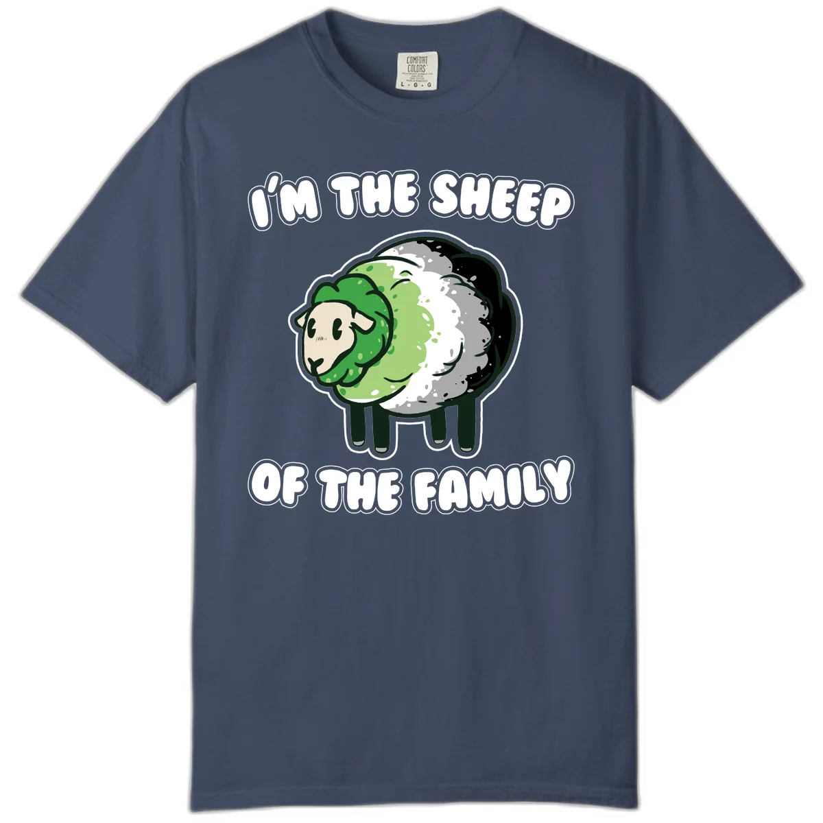 Cartoon sheep with fluffy multi-colored wool and cute face, with text reading 'I'm the sheep of the family' in Midnight