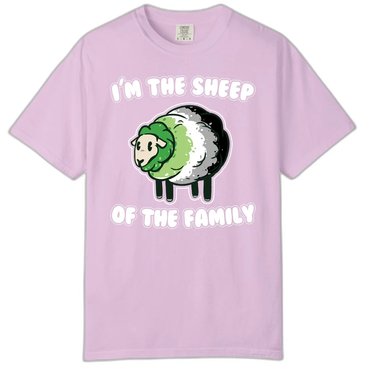 Cartoon sheep with fluffy multi-colored wool and cute face, with text reading 'I'm the sheep of the family' in Orchid