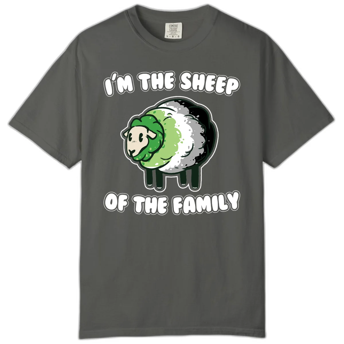Cartoon sheep with fluffy multi-colored wool and cute face, with text reading 'I'm the sheep of the family' in Pepper