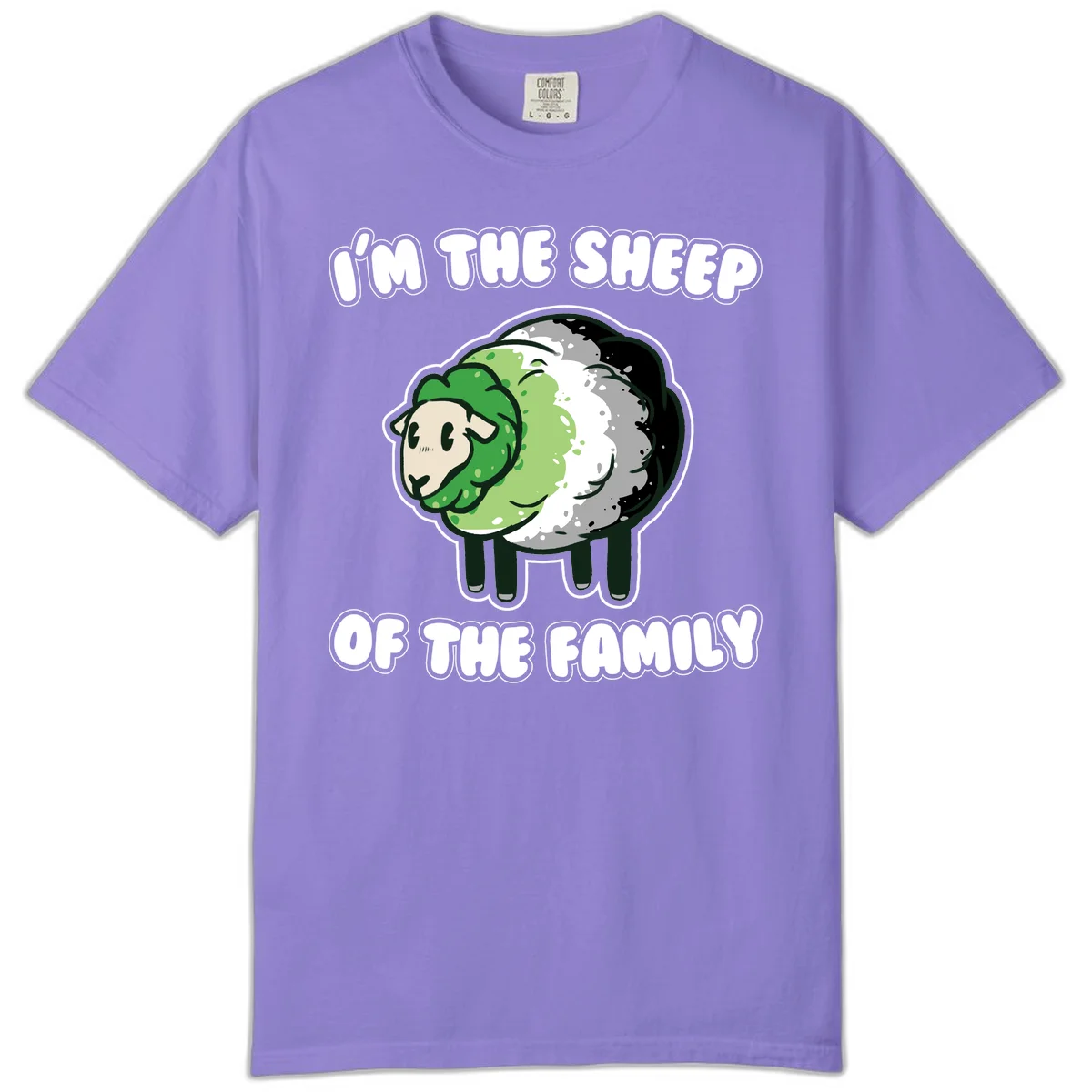 Cartoon sheep with fluffy multi-colored wool and cute face, with text reading 'I'm the sheep of the family' in Violet
