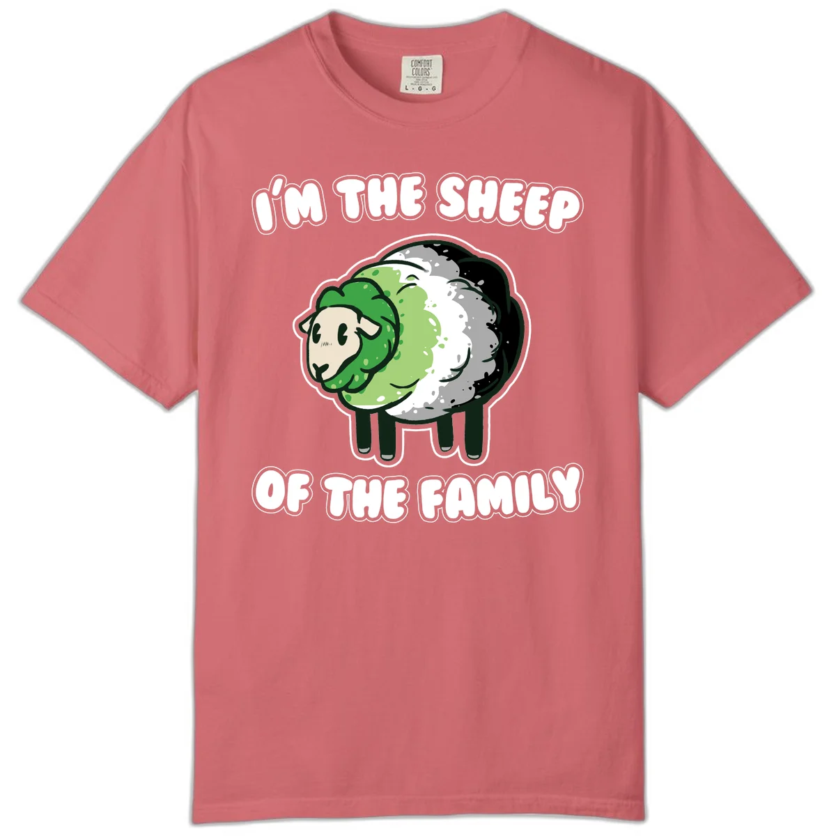 Cartoon sheep with fluffy multi-colored wool and cute face, with text reading 'I'm the sheep of the family' in Watermelon