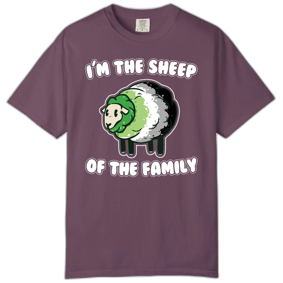 Cartoon sheep with fluffy multi-colored wool and cute face, with text reading 'I'm the sheep of the family' in Berry
