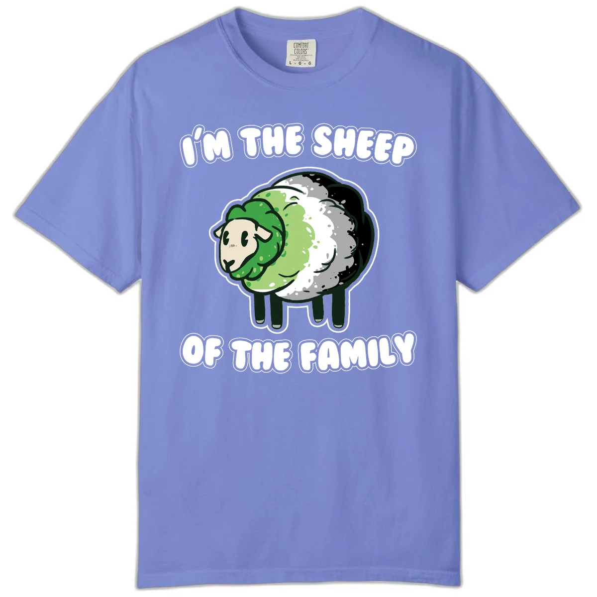 Cartoon sheep with fluffy multi-colored wool and cute face, with text reading 'I'm the sheep of the family' in Flo Blue