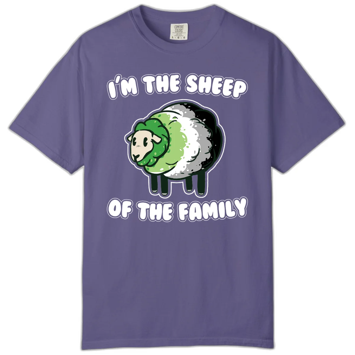 Cartoon sheep with fluffy multi-colored wool and cute face, with text reading 'I'm the sheep of the family' in Grape