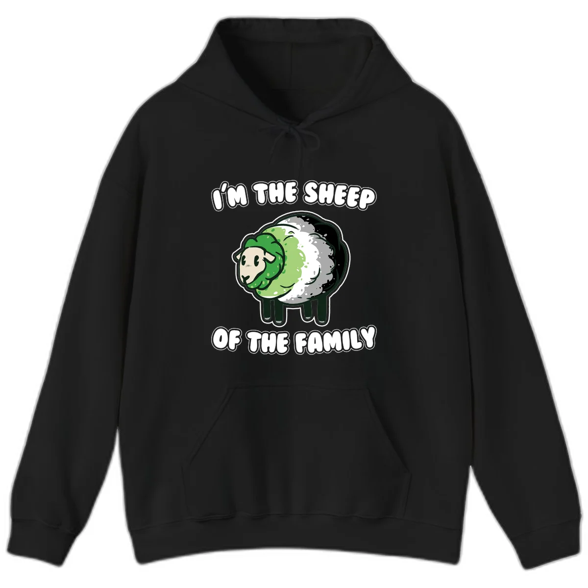 Cartoon sheep with fluffy multi-colored wool and cute face, with text reading 'I'm the sheep of the family' in Black