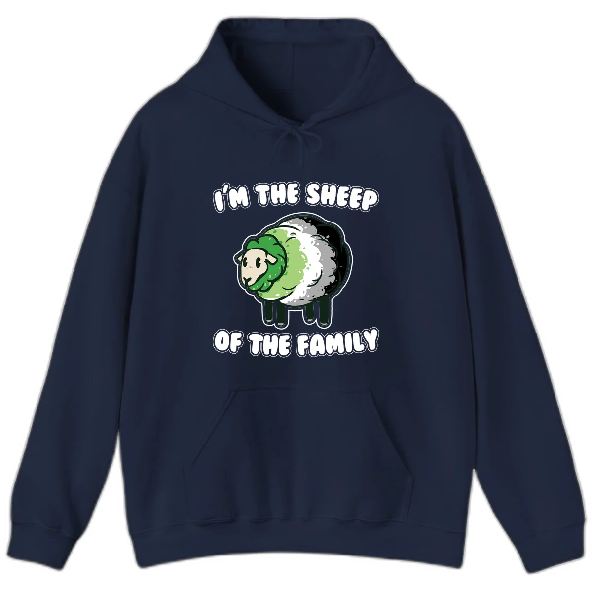 Cartoon sheep with fluffy multi-colored wool and cute face, with text reading 'I'm the sheep of the family' in Navy