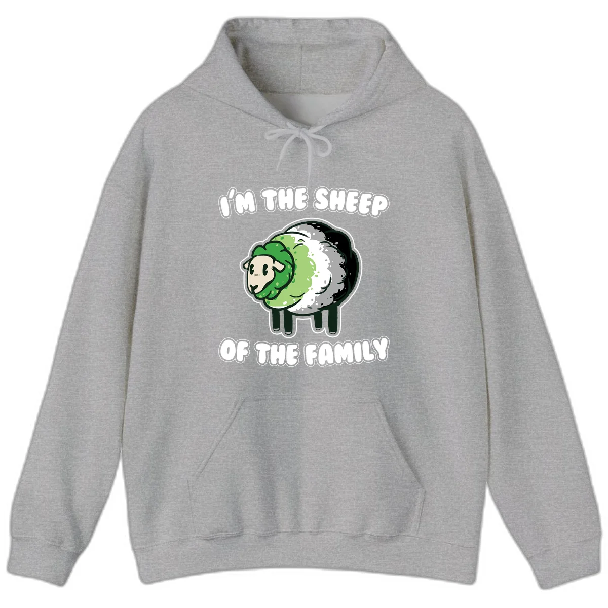 Cartoon sheep with fluffy multi-colored wool and cute face, with text reading 'I'm the sheep of the family' in Sport Grey