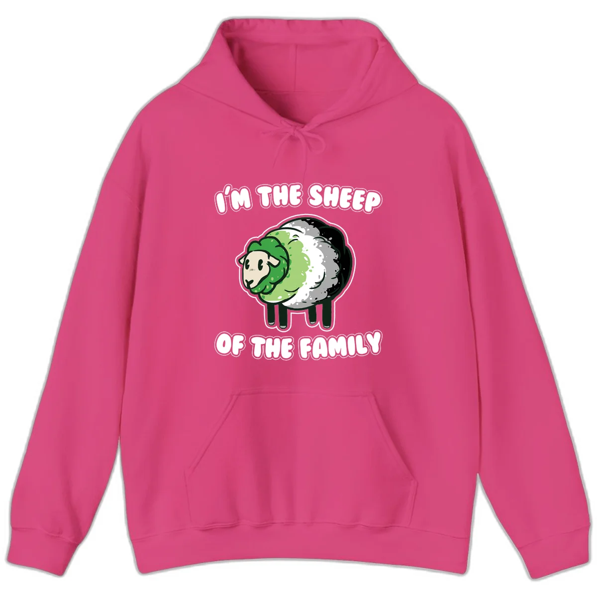 Cartoon sheep with fluffy multi-colored wool and cute face, with text reading 'I'm the sheep of the family' in Heliconia
