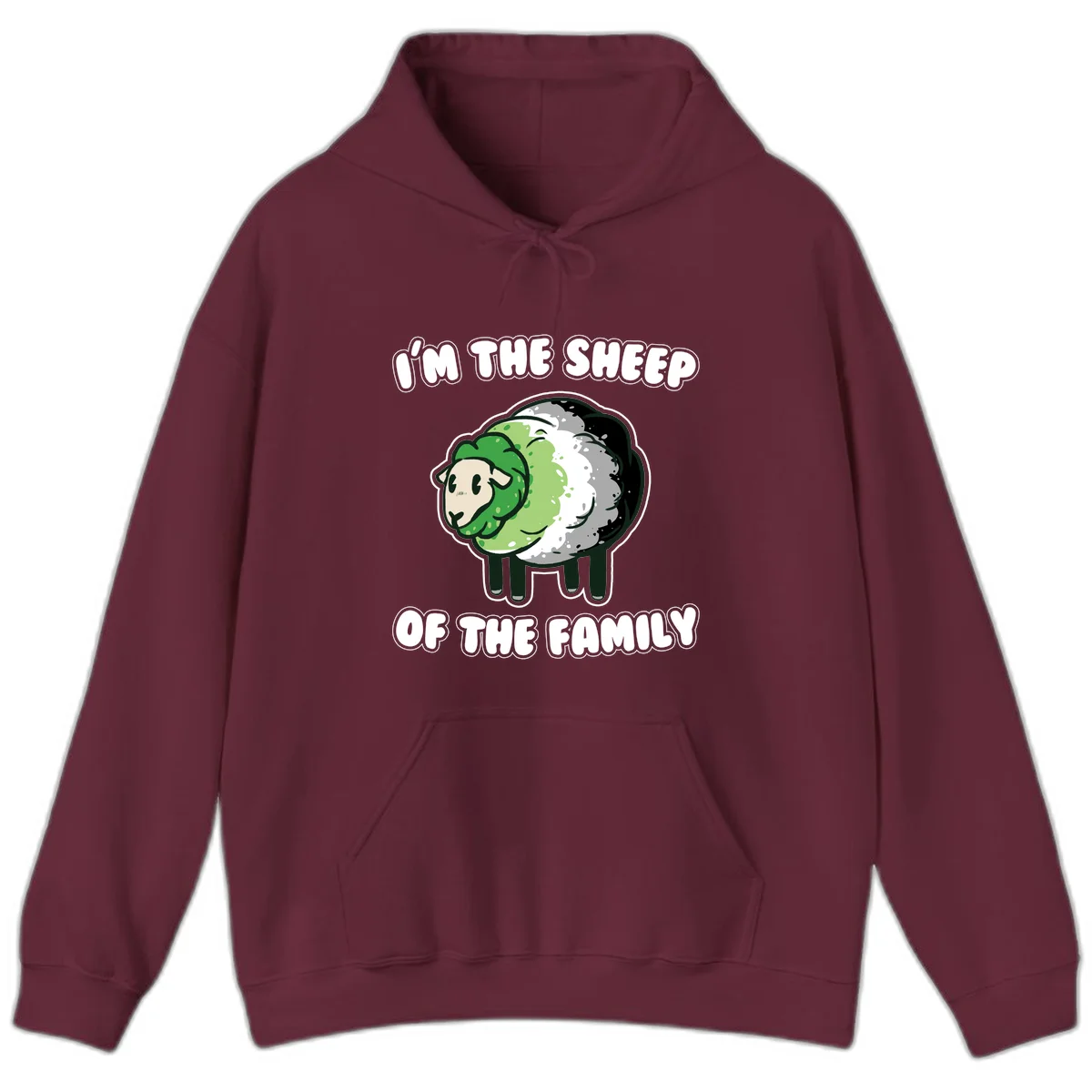 Cartoon sheep with fluffy multi-colored wool and cute face, with text reading 'I'm the sheep of the family' in Maroon