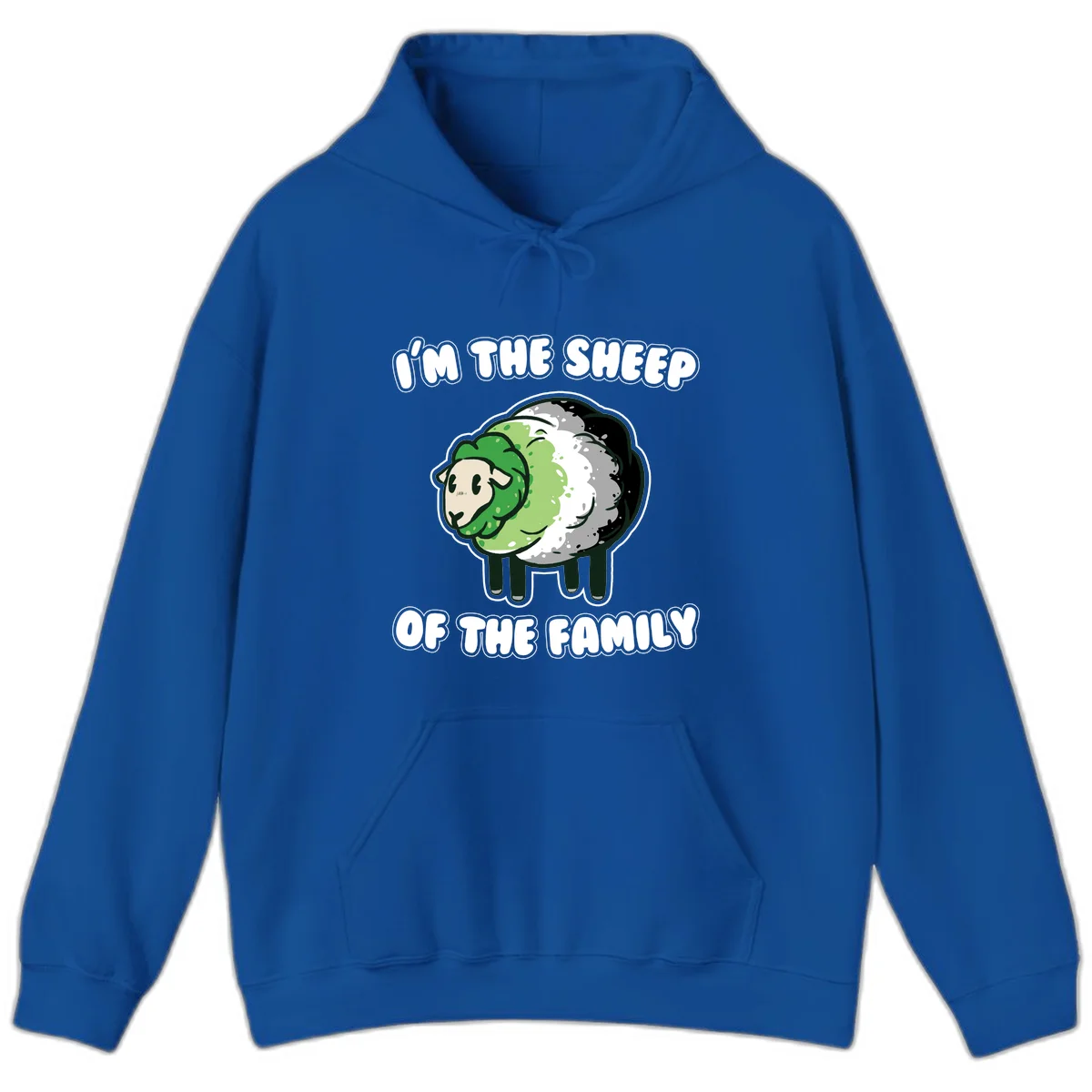 Cartoon sheep with fluffy multi-colored wool and cute face, with text reading 'I'm the sheep of the family' in Royal