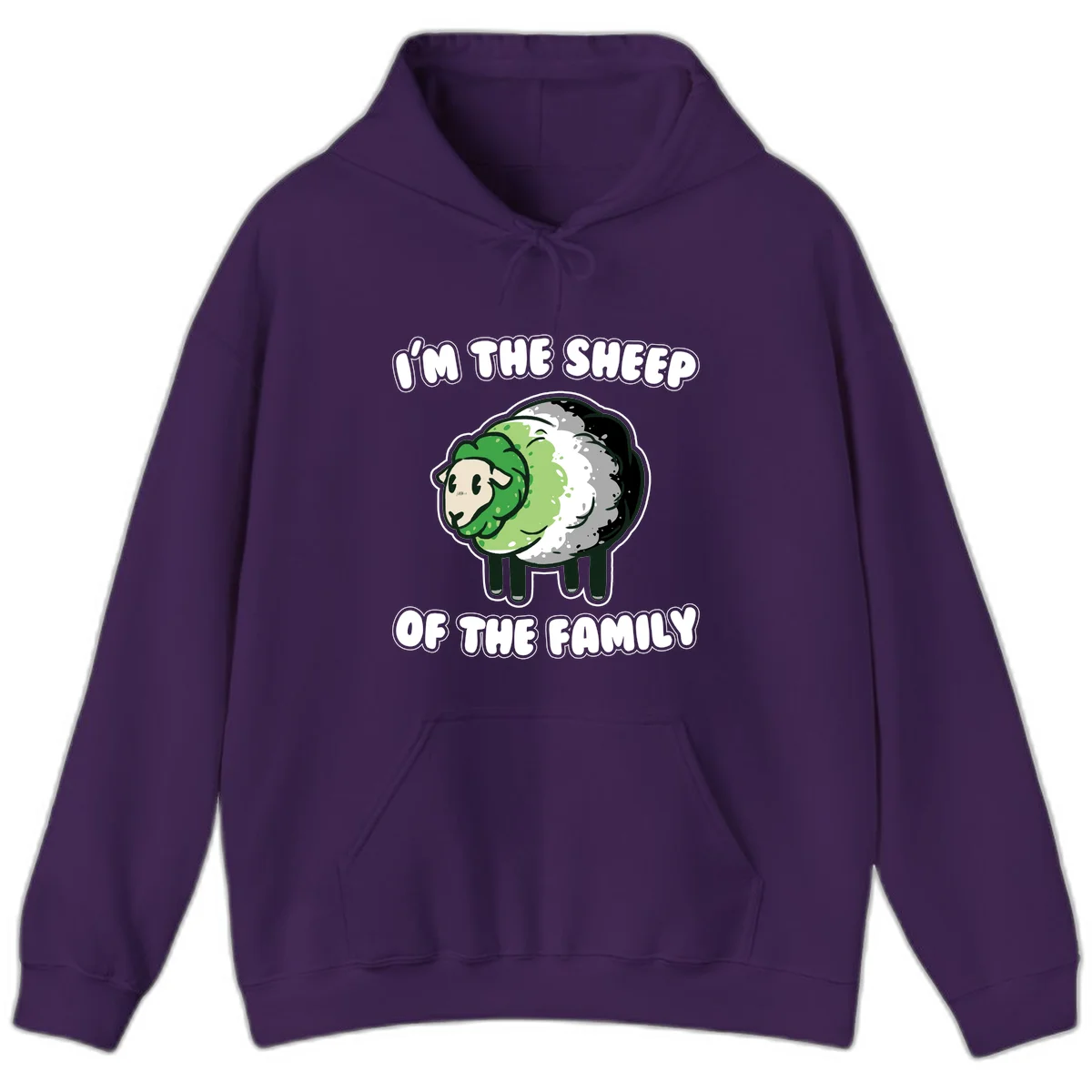 Cartoon sheep with fluffy multi-colored wool and cute face, with text reading 'I'm the sheep of the family' in Purple