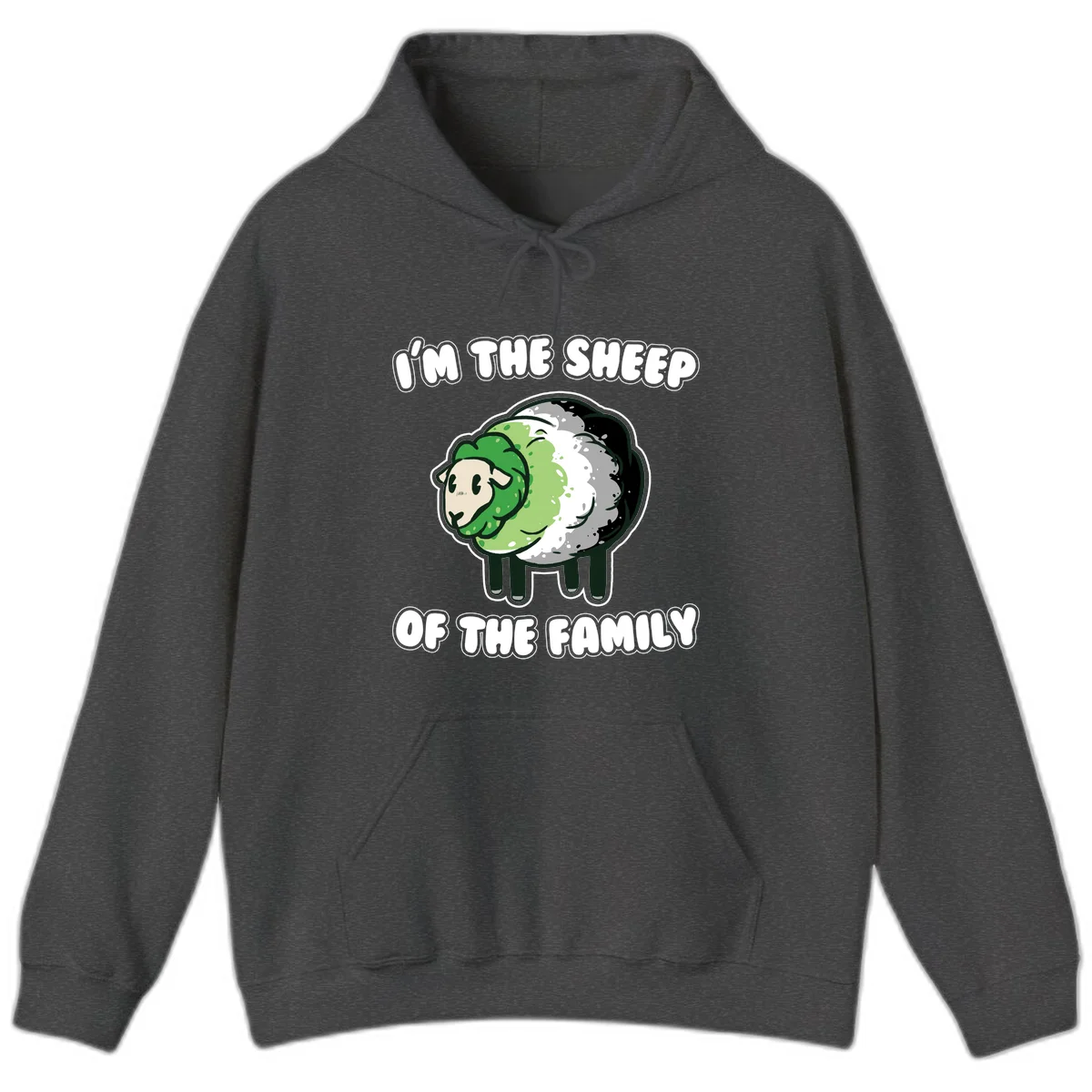 Cartoon sheep with fluffy multi-colored wool and cute face, with text reading 'I'm the sheep of the family' in Dark Heather
