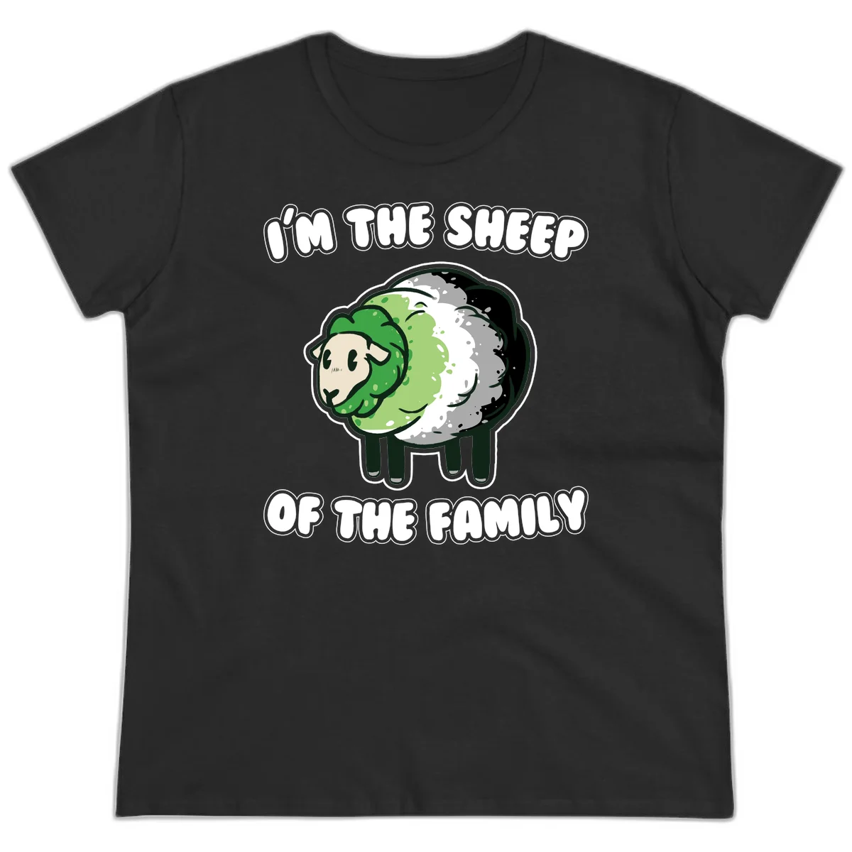 Cartoon sheep with fluffy multi-colored wool and cute face, with text reading 'I'm the sheep of the family' in Black