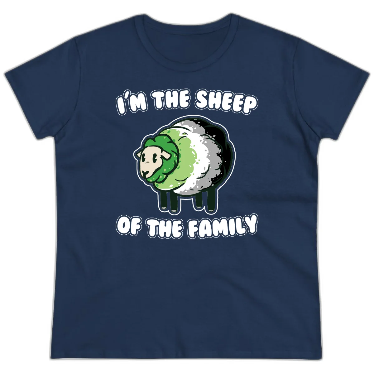 Cartoon sheep with fluffy multi-colored wool and cute face, with text reading 'I'm the sheep of the family' in Navy