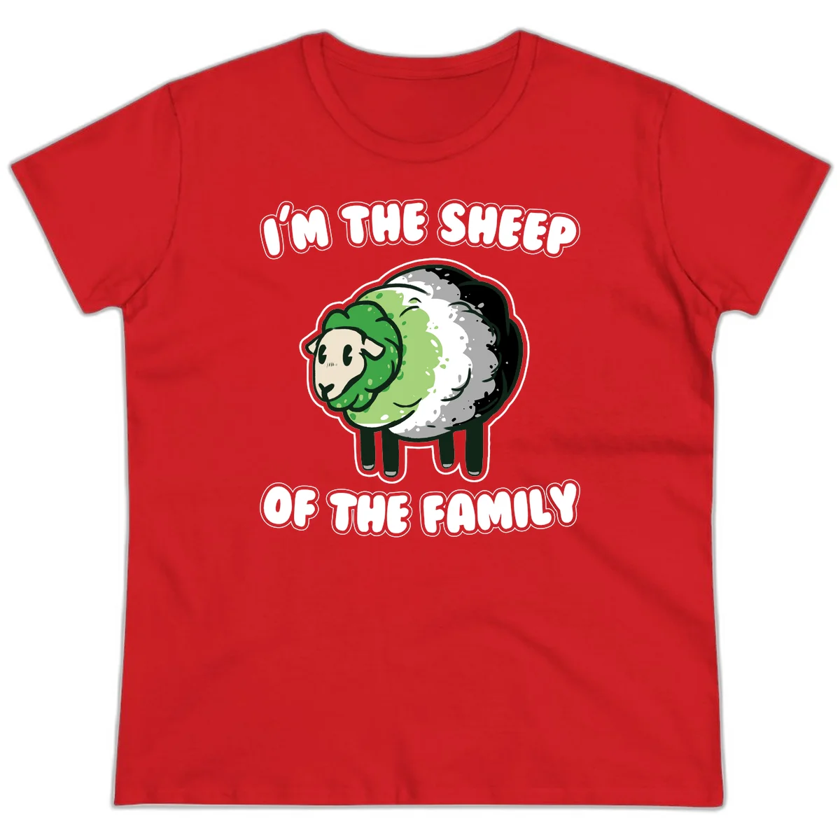 Cartoon sheep with fluffy multi-colored wool and cute face, with text reading 'I'm the sheep of the family' in Red