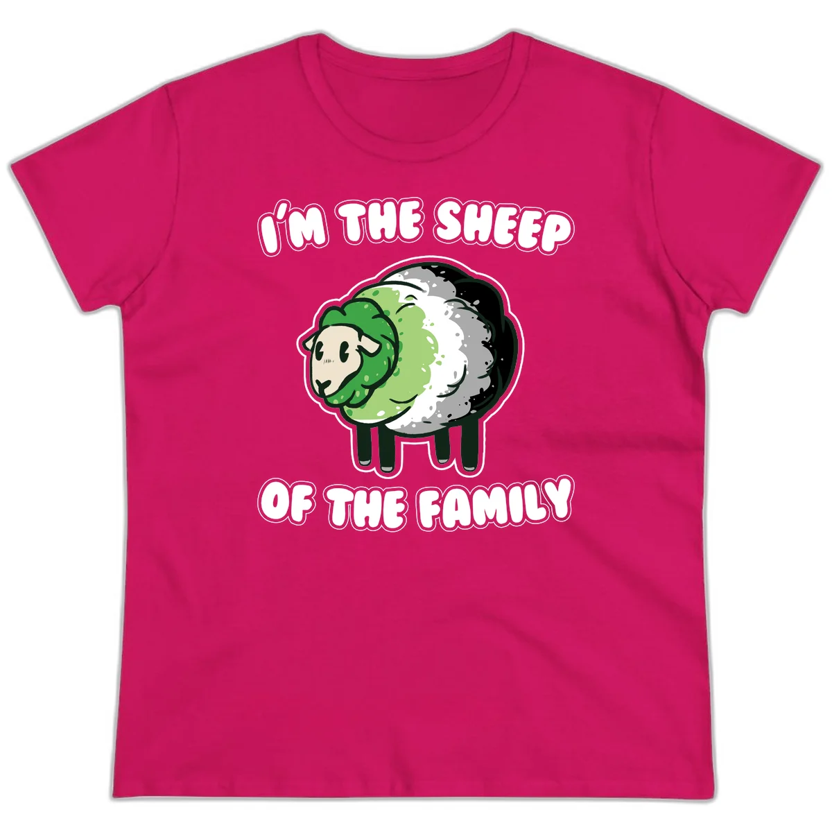 Cartoon sheep with fluffy multi-colored wool and cute face, with text reading 'I'm the sheep of the family' in Heliconia