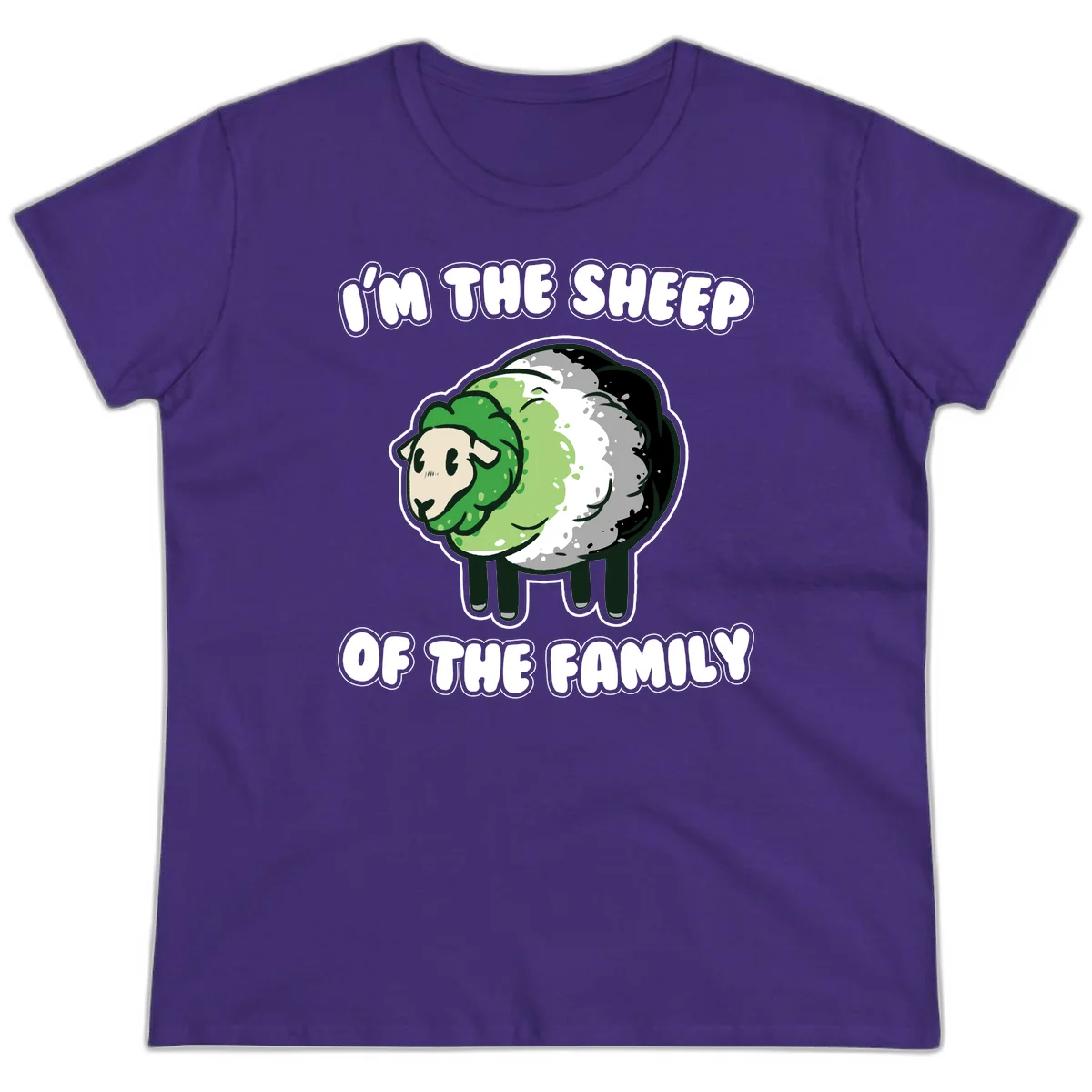 Cartoon sheep with fluffy multi-colored wool and cute face, with text reading 'I'm the sheep of the family' in Purple