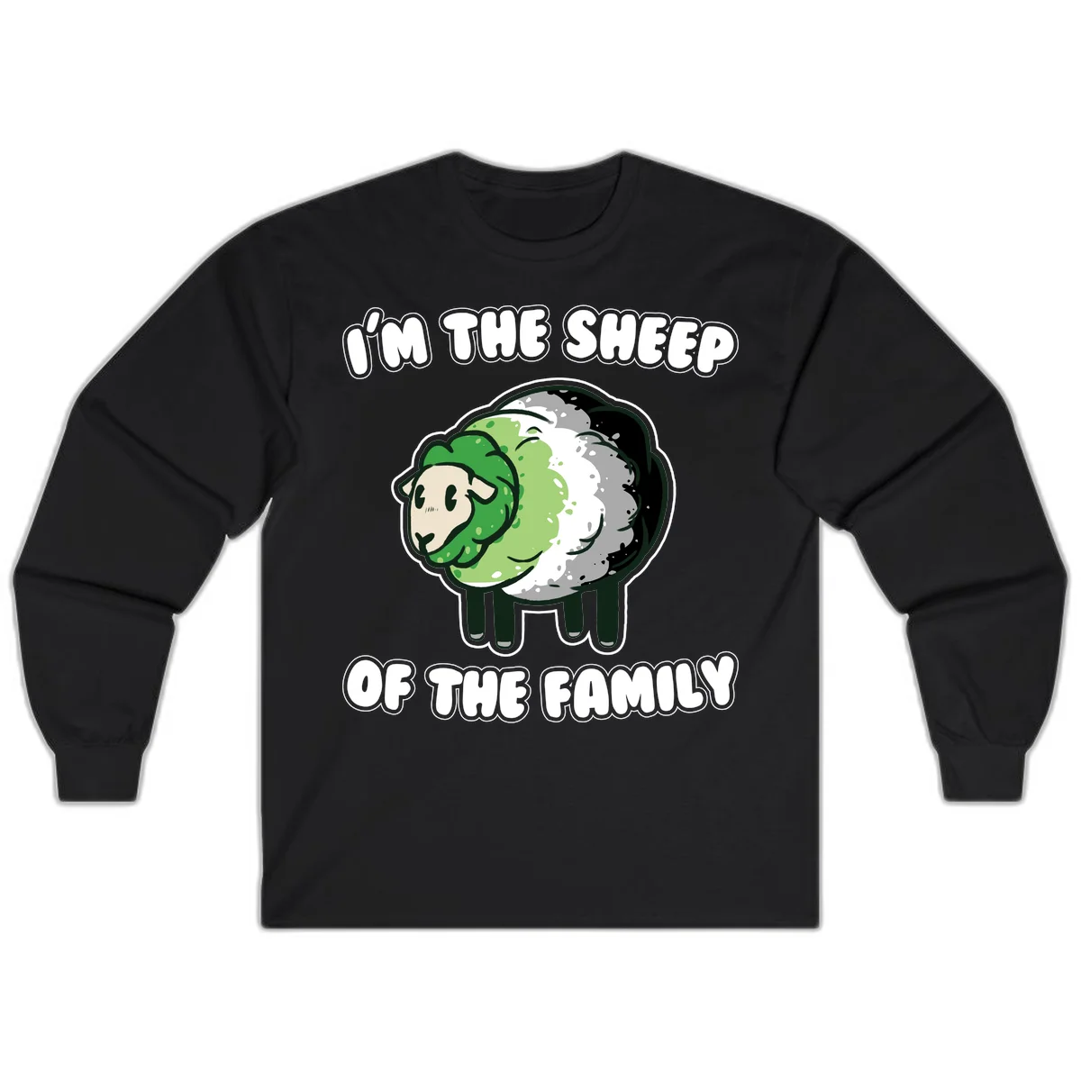 Cartoon sheep with fluffy multi-colored wool and cute face, with text reading 'I'm the sheep of the family' in Black