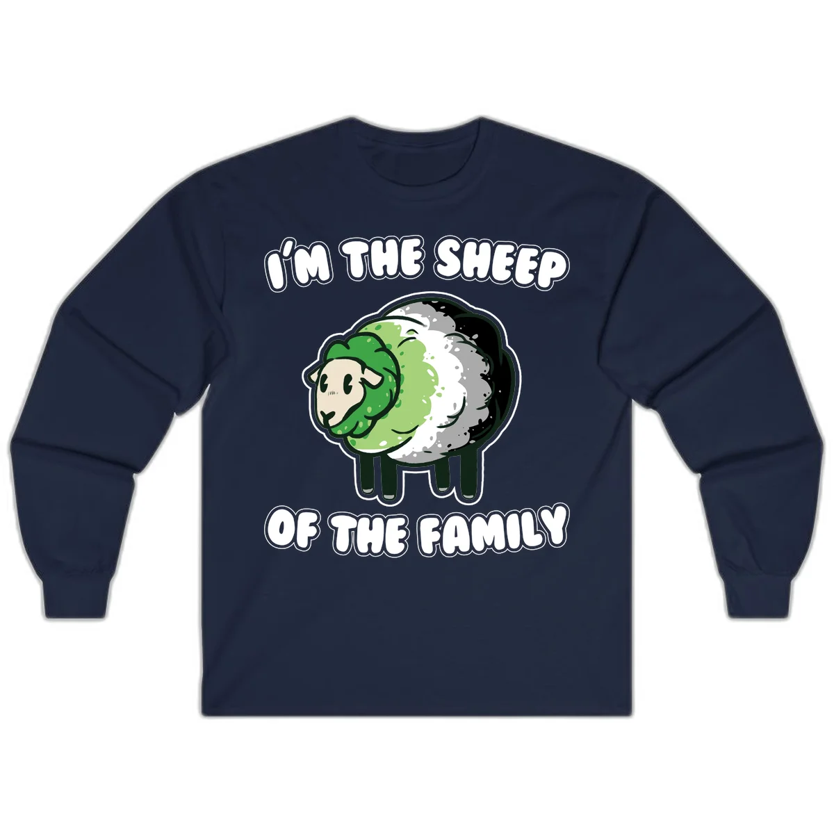 Cartoon sheep with fluffy multi-colored wool and cute face, with text reading 'I'm the sheep of the family' in Navy